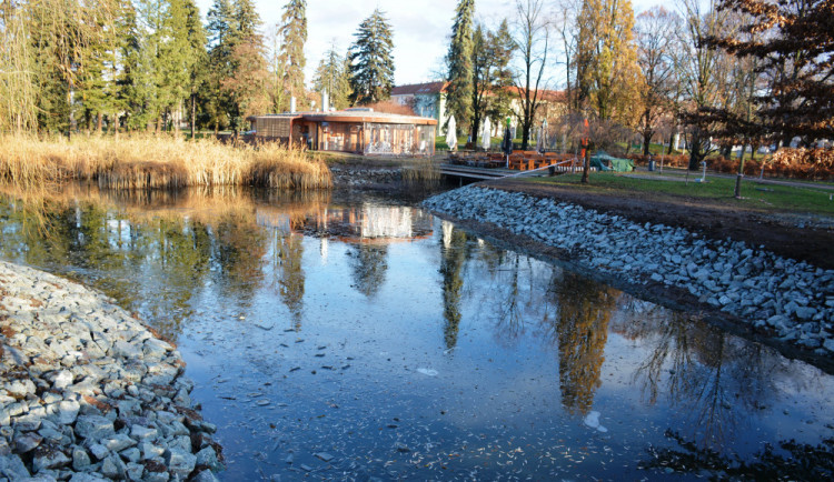 V hradeckých Šimkových sadech stavbaři zpevňují břehy jezírka