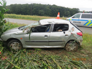 FOTO: Srnka překvapila nepřipravenou řidičku. Strhla volant a skončila na střeše v poli