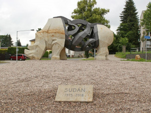 Sochu Sudána doplnilo pouzdro s jeho ostatky. Připomíná posledního žijícího samce tohoto druhu