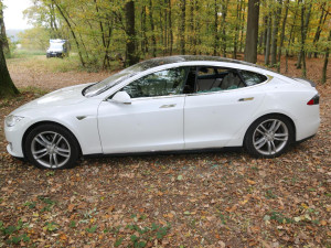 FOTO: Náhodný vandalismus nebo cílený útok? Poškozená Tesla na lesní cestě