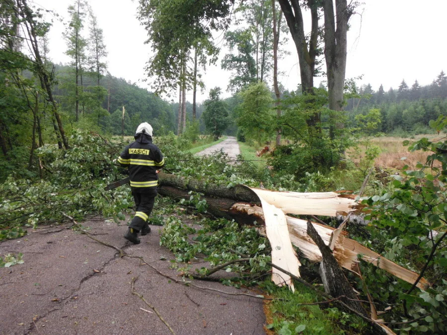 Hasiči při odstraňování následků bouře v okolí Dvora Králové nad Labem