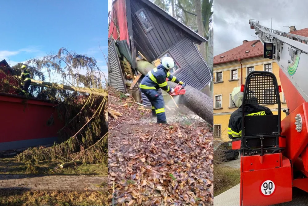 Vítr zaměstnával hasiče i o víkendu. Zdemolovaná chatka i nehoda osobního vlaku