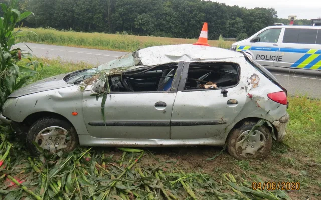 FOTO: Srnka překvapila nepřipravenou řidičku. Strhla volant a skončila na střeše v poli