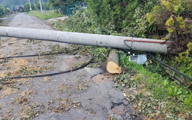 Spadlý sloup nízkého napětí v obci Starobucké Debrné