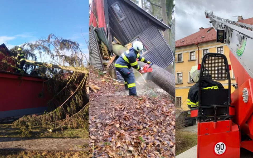 Vítr zaměstnával hasiče i o víkendu. Zdemolovaná chatka i nehoda osobního vlaku